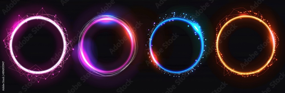 Poster four glowing neon circles in different colors on a dark background