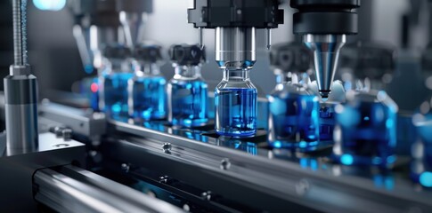 An automated filling process for blue liquid in glass bottles