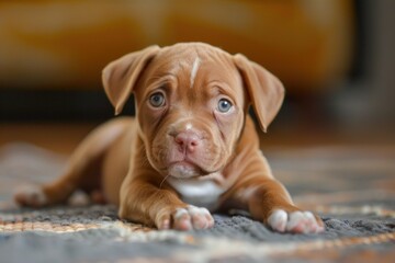 Cute brown puppy with expressive eyes lying on a soft rug inside a home