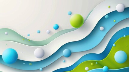 Abstract layered waves and colorful spheres against a white background