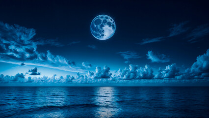 Beautiful night sky with clouds and bright full moon. Generative AI.