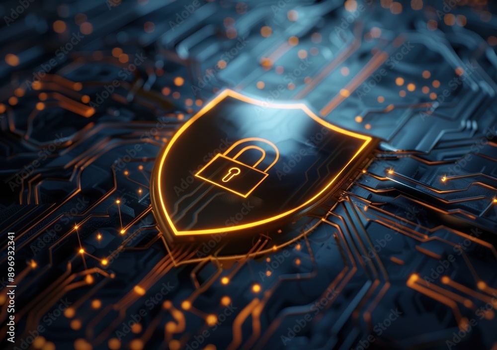 Poster A glowing shield with a padlock resting on a circuit board