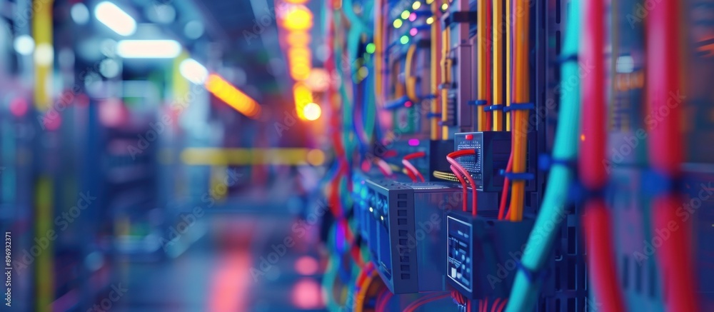 Poster A closeup view of brightly colored wires connected to a server rack in a data center