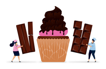 Pastry chef makes cupcakes with pink icing topping and melted chocolate bar glaze. Illustrations suitable for print, newspaper, cover, magazine, flyer, brochure