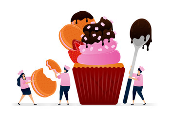 Chef makes muffins with top of rounded marie biscuits coated with melted chocolate and strawberry. Illustrations suitable for print, newspaper, cover, magazine, flyer, brochure