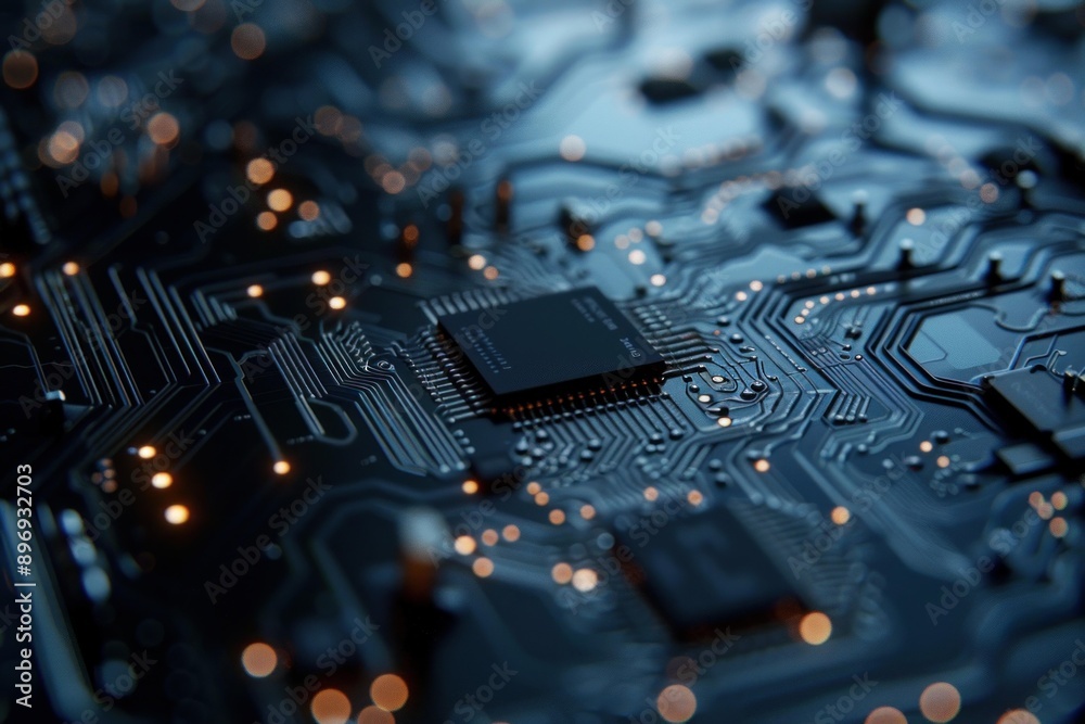 Poster detailed macro image of an electronic circuit board with central microchip and illuminated data path