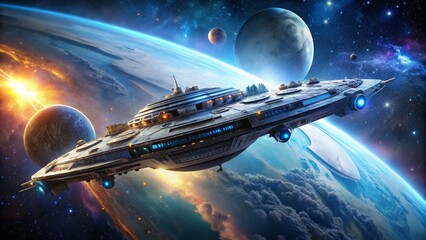 Obraz premium Futuristic starship exploring the galaxy, spaceship, futuristic, technology, space exploration, travel