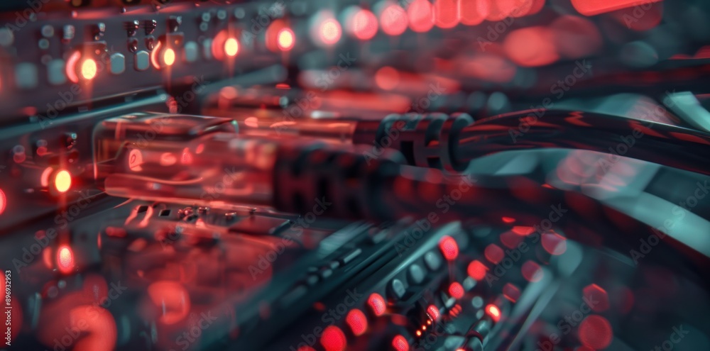Poster A closeup view of a server rack with glowing red lights and connecting cables