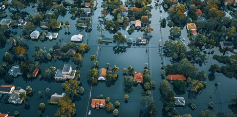 Fototapeta premium A bird's-eye perspective of flooded residential areas reveals the extent of water coverage over homes and streets