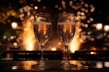 Champagne glasses drink wine with fireworks or bokeh lights background on new year night celebration