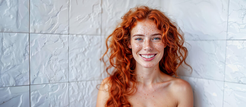 portrait d'une jeune femme aux cheveux roux et yeux bleus, nue dans une salle de bain