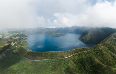 Laguna Cuicocha, Ecuador: Aerial drone view of the Laguna Cuicocha at the foot of the Cotacachi volcano near Otavalo in the Andes mountains in Ecuador in south America