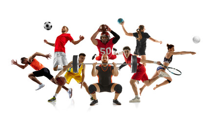 Dynamic collage. Athletic young people performing various kinds of sports in motion against white...