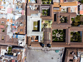 Quito, Ecuador: Top down view  the Quito historic old town around the Plaza de San Francisco with its church and monastery. Quito has the best preserved colonail spanish old town in Latin America