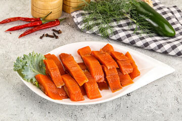 Red pickled herring fish fillet