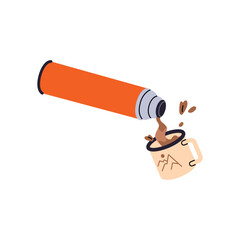 Hot drink pours from thermos into cup with splashes. Hiking bottle with warm beverage. Coffee mug, tea teacup in travel. Tourism equipment. Flat isolated vector illustration on white background