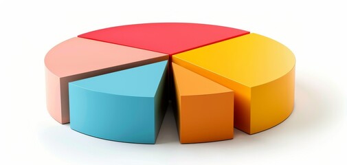 Fototapeta premium Colorful 3D pie chart with six segments representing data distribution on a white background, ideal for business and statistical presentations. layout using a detailed model and versatile template