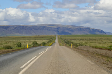 Road in the south of Iceland, on a summer day with blue sky