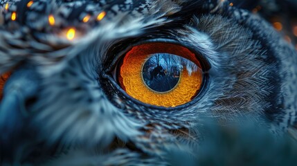 closeup of an owl's eye, with its focused and amber eyes glowing in the dark night