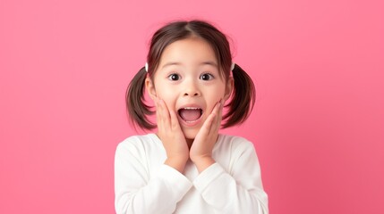 Young girl with pigtails expressing surprise in front of pink background.