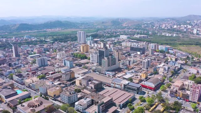 Sunny Aerial Drone slow pan Panorama of Aterrado Neighborhood in Volta Redonda, Rio de Janeiro, Brazil
