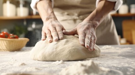 Fototapeta premium Baker kneading dough in kitchen with flour dust.