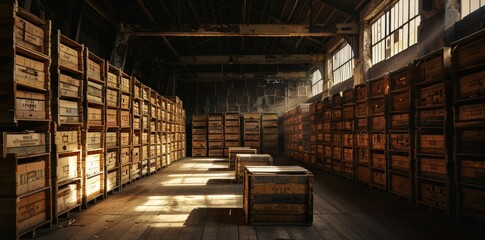 A dimly lit warehouse features dramatic shadows cast over rows of old wooden crates, creating a mysterious and atmospheric setting with a touch of vintage charm.