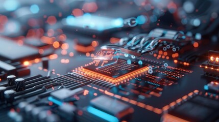 Obraz premium Data breach in progress, neon blue and orange background, futuristic cityscape.