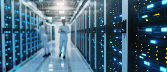 Securing Reliability: IT Team Maintaining Servers in Modern Data Center for Optimal Performance