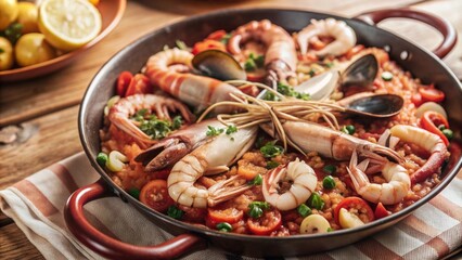 spanish seafood paella rice dish with fresh shrimp