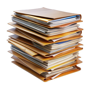 Stack of file folders with documents isolated on transparent background