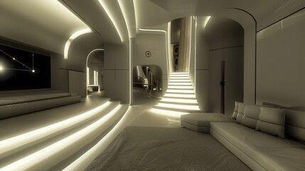 A modern interior showcasing sleek lines, warm lighting, and elegant design elements, creating an inviting atmosphere.