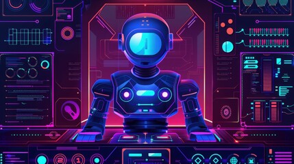 Futuristic robot in a vibrant, high-tech environment, showcasing advanced technology and digital interfaces.