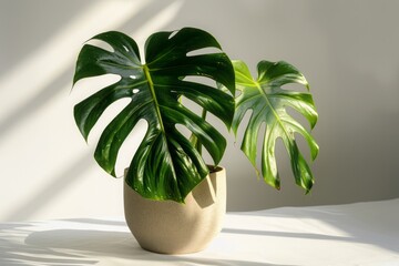 A beautifully potted Monstera deliciosa leaf with its characteristic holes and splits, 