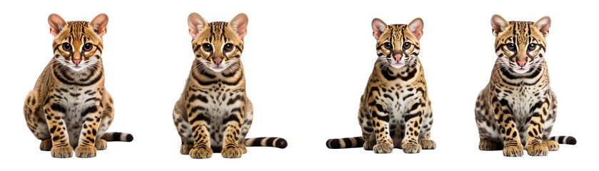 Fototapeta premium Collection of ocelot sitting on ground isolated on transparent background