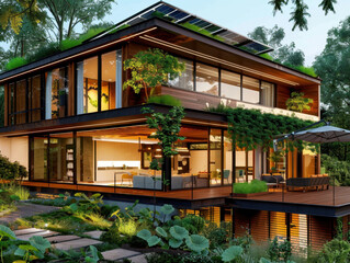 Fototapeta premium Modern eco-friendly house with large windows, lush greenery, solar panels, and stylish outdoor seating on a sunny day