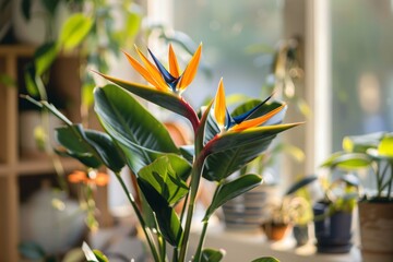 A vibrant Bird of Paradise (Strelitzia) plant with its striking flowers in a bright room.