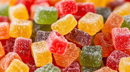 Colorful gummy candies with sugar coating. Great for use in advertising, food blogs, and articles about sugary treats.
