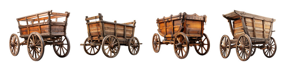Fototapeta premium Collection of old wooden carts isolated on transparent background