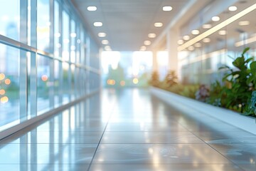 Fototapeta premium Blurred modern office interior with panoramic windows and lighting.