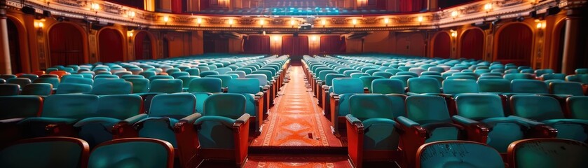 Naklejka premium Empty theater, eerie silence, ghostly whispers, decaying seats, spectral glow