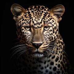 Fototapeta premium A striking close-up of a leopard with captivating golden fur and black spots. The intense gaze of the leopard, set against a solid black background, creates a powerful image.
