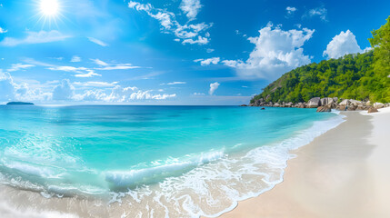 Fototapeta premium Beautiful beach and blue sky in Similan islands, Thailand. Vacation holidays background wallpaper. View of nice tropical beach. Panorama of travel summer holiday background concept.