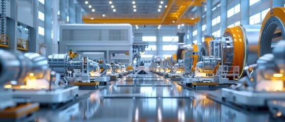 Fototapeta premium Modern Industrial Assembly Line for Iron Production with Workers in Factory Interior