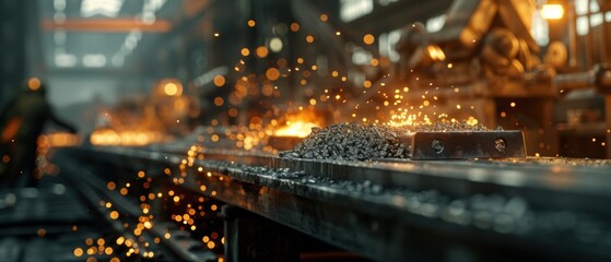 Fototapeta premium Industrial Foundry: Workers in Heat-Resistant Suits Pouring Molten Metal - Intense Environment with Copy Space