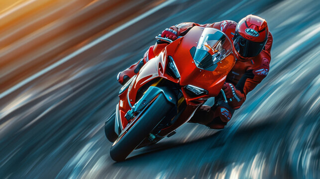 A motorcyclist races around a bend at high speed on a sleek red sports bike.