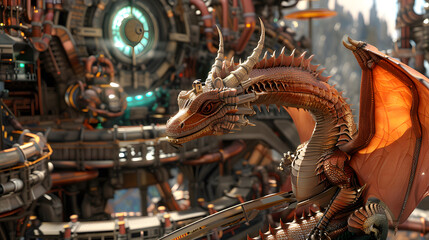 Obraz premium Stock image of a hybrid dragon with mechanical wings.