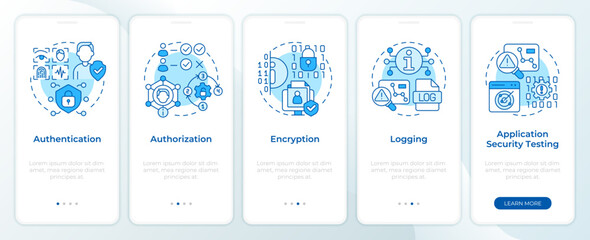 Application security protocols blue onboarding mobile app screen. Walkthrough 5 steps editable graphic instructions with linear concepts. UI, UX, GUI template. Montserrat SemiBold, Regular fonts used