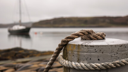 Fototapeta premium A thick rope is tied to a cylindrical concrete post on a pier. The rope is used to secure a boat to the pier. The boat is in the background, out of focus.