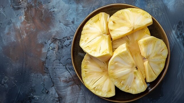 Chunks of cooked fruit served on a dish against a deep backdrop.